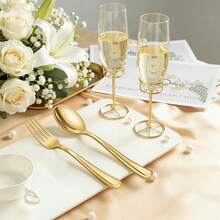 100/75/50/25/10 Pcs Gold Cutlery Set, Includes Forks, Spoons, Cake Forks, Dessert Spoons, Salad Forks, Pasta Forks & Spoons, Reusable & Washable, High-End Tableware Suitable For Birthday, Wedding, Party, Family Gathering, Team Building, Outdoor BBQ, Camping, Banquet, School Supplies, Graduation Ceremony, Holiday Party And More Occasions - Gold - View 9