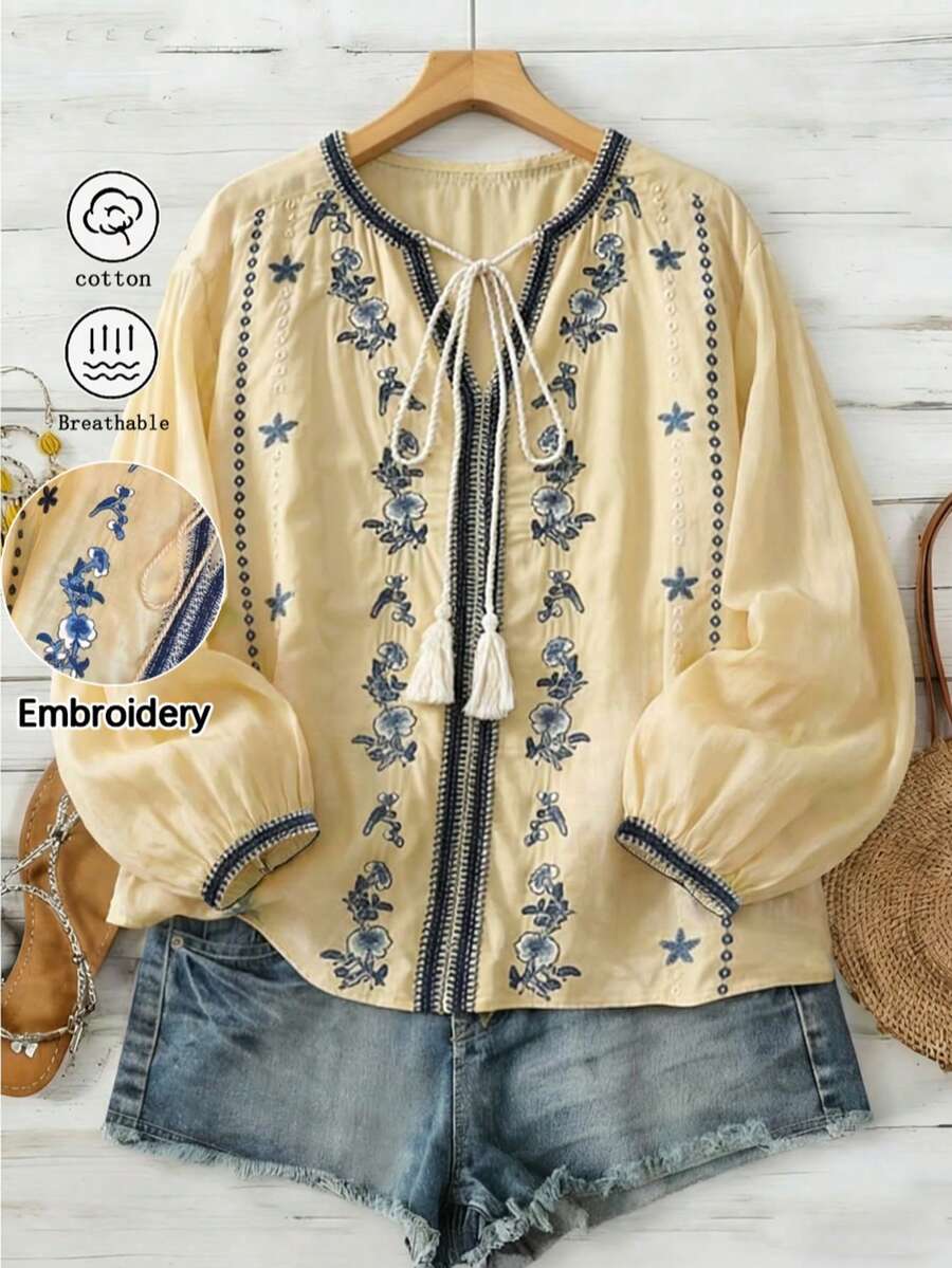 春夏新款刺绣系带流苏七分袖上衣，艺术复古波西米亚风百搭轻盈优雅上衣，适合情人节约会、下午茶聚会、乡村音乐节等场合。 - 薑色 - 查看 1