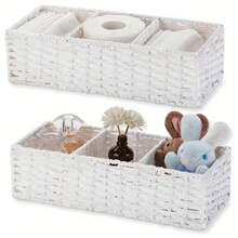 1pc Handwoven 3-Compartment Storage Basket, Handmade Paper Rope Multi-Function Storage Box With 3-Layer Divider Design, Can Be Used As Toilet Tank Shelf, Bathroom Tissue & Cosmetic Organizer, Sturdy And Durable Material, Ideal For Living Room, Bedroom, Tabletop, Vanity, Kitchen, Entryway Organization, Snack Holder - Khaki - View 6