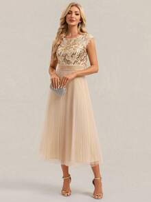 EVERPRETTY 奢华亮片花卉优雅迷人船领撞色亮片紧身胸衣和褶裥裙摆女士中长款正式礼服金色礼服舞会长裙适合婚礼派对和婚礼宾客 - 金色 - 查看 7