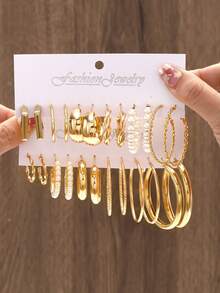 16 件时尚简约女士纹理大圈耳环套装，适合日常佩戴、派对、音乐节、节日礼物的魅力珠宝 - 金色 - 查看 7