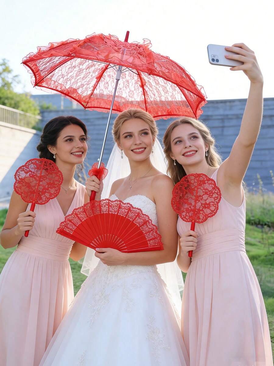 2pcs Lace Umbrella And Lace Plastic Fan Wedding Accessories Decoration Set, European Style Bridal Umbrella, Outdoor Wedding Decor Umbrella And Fan Set, Best Gift, Wedding Photography Props, White Bridal Fan And Folding Fan Suitable For Wedding And Dance Performance, Large Handheld Fan For Bachelorette Party And Wedding Decor,Summer,Beach,Festival,Elegant - Multicolor - View 1