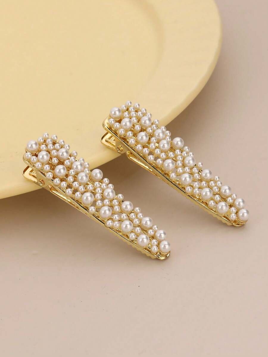 Minimalist Versatile Pearl Geometric Water Drop Shaped Hair Clip, Girl's Bangs Clip, Side Alligator Hair Clip - Multicolor - View 1