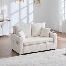 Multifunctional Fabric Sofa, Convertible Sofa Bed, Small Two-Function Living Room Sofa, Removable And Washable Cover, With Storage Bag, Port And Cup Holder. - 米色 - 查看 2