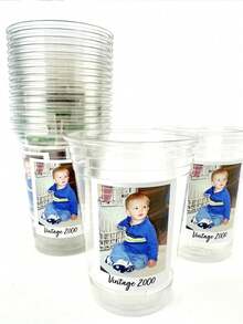 Customized Photo & Text Party Stickers, High-Quality Self-Adhesive Material, Personalized Plastic Cups With Vintage Year Photo Sticker Labels. Perfect For Party Events And Birthday Decoration Uses. - Multicolor - View 5