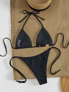 4pcs/Set Sexy Printed Triangle Neck Top And Panty Suit, Fashionable European And American Style For Women, Summer Vacation Beach - 彩色 - 查看 4