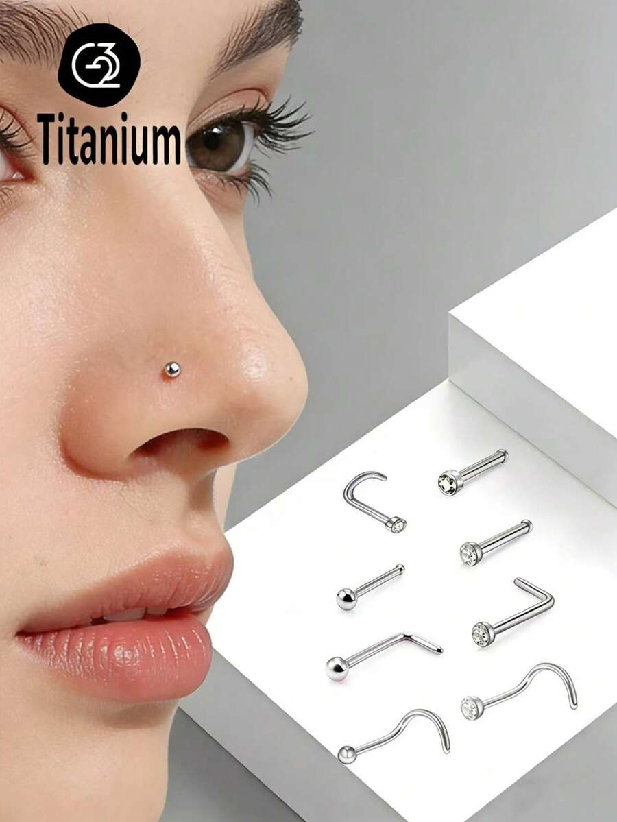 Khuyên mũi mini STM-F136 bằng titan 20G0.8mm, bi tròn và đính kim cương G23, kiểu dáng thanh thẳng, thanh chữ L, thanh cong, trang sức xỏ mũi phổ biến và được ưa chuộng dành cho nữ. - MŨI - Xem 1