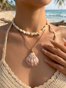 2pcs/Set Handmade Bohemian Style Shell & CCB Beaded Necklace, Fashion Versatile Large Shell Pendant Woven Rope Choker Necklace, Suitable For Daily Wear, Travel, Party, The Shell Beads Color, Shape And Quantity Are Random - Multicolor - View 1