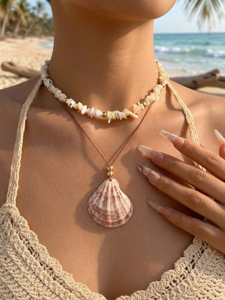 2pcs/Set Handmade Bohemian Style Shell & CCB Beaded Necklace, Fashion Versatile Large Shell Pendant Woven Rope Choker Necklace, Suitable For Daily Wear, Travel, Party, The Shell Beads Color, Shape And Quantity Are Random - Multicolor - View 1