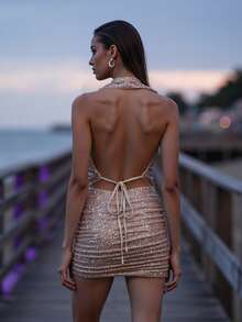 Women's Sparkly Sequin Outfits Cowl Neck Tank Tops + Mini Ruched Bodycon Skirt Set Party Clothes - 金色 - 查看 2