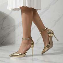 Zapatillas de tacon elegantes y tacones de aguja stiletto con punta fina puntiaguda, zapatillas elegantes de mujer fabricadas en PU con acabado brillante y cierre de correa al tobillo con hebilla, zapatos para mujer estilo glamuroso y sofisticado para fiesta o noche con suela antideslizante cómoda - Dorado - Ver 2