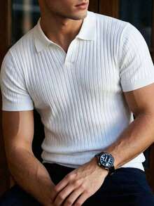Men's Ribbed Airplane Collar Polo Knit Shirt, Short Sleeve, Summer Fashion - White - View 5
