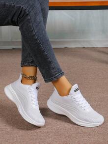 Women's Breathable Mesh Lace-Up Casual Sneakers, Suitable For Leisure Wear - White - View 3