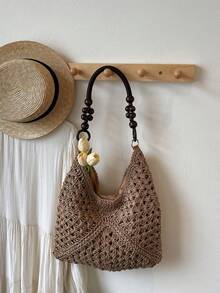 Handmade Crochet Hollow Straw Bag, Patchwork Large Capacity Shoulder Bag, Bohemian Contrast Color Straw Bag, Casual Versatile Women Bag, Slouchy Woven Bag, Summer Beach Vacation Straw Bag, Commute & Travel Dual-Use Women Bag, Can Fit , Gift For Women - Màu Khaki - Xem 8