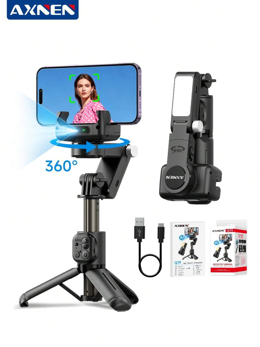 AXNEN AI Smart Handheld Gimbal Stabilizer - Auto Face Tracking, Foldable 360° Rotating Selfie Stick & Tripod With Multi-Color Temperature Fill Light, Bluetooth Detachable Remote - Compatible With Android & IOS, Perfect For Live Streaming, Meetings, Selfies, Photography & Video Recording