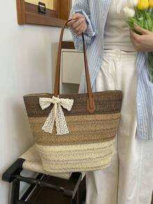 Gradient Striped Straw Tote Bag, Bow Tie Shoulder Bag, Large Capacity Woven Casual Bag, Retro PU Leather Strap, Fits , Casual Beach Vacation Bag, French Slouchy, Large Zipper Tote Bag, Commute & Travel Dual-Use Bag, Essential For Summer Beach Vacation - Coffee Brown - View 7