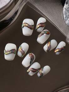10pcs Press On Nails Nails Press On Nail Supplies White Nails Green Gradient Line Short Nails Fake Nails Artificial Nails Kit Includes 1sheet Adhesive Tabs &1 Pc Mini File - Multicolor - View 3