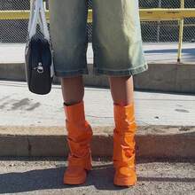 Women's Platform Round Toe Mid Calf Boots With Chunky Heel - M-orange - View 6