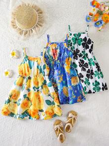 Bộ 3 món váy ngủ dáng chữ A rộng rãi phong cách Bohemian mùa hè cho bé gái, in họa tiết cỏ ba lá và hoa hồng, thích hợp đi biển. - Nhiều màu - Xem 2