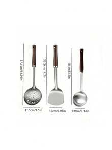 1/3pcs Stainless Steel Spatula, Ladle, Strainer, Wooden Handle Heat-Resistant Cooking Utensil Set - Silver - View 10