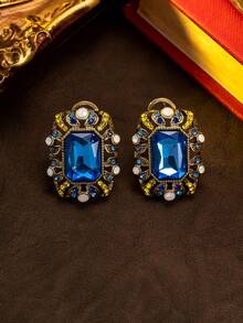 Vintage Distressed Golden Filigree Hollow Emerald & Sapphire Stud Earrings, Filigree Hollow Frame + Emerald & Sapphire Core Design, Accented With Colorful Diamonds & Pearls, Easily Elevates Outfit For Evening Gowns, Weddings, Bridal, Galas, Retro Themed Parties, Formal Occasions, Essential Accessory To Create A Luxurious Ambiance - Multicolor - View 6