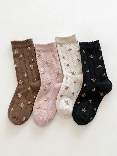 4 đôi tất nữ thời trang mùa xuân họa tiết hoa nhỏ, dài đến bắp chân, chất liệu ren mềm mại và thoải mái, những chiếc tất ngọt ngào và đáng yêu dành cho bắp chân.