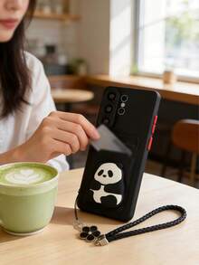 Panda 1pc Cute Panda With Lucky Clover Bracelet, TPU Soft Contrast Color 1mm Thick Card Holder Phone Case Compatible With Apple 17Pro Max /16 /15 /14 /13 /12 /11 Pro Max Plus/ A05s A06 AA35 A36 A54 A55 A56 A16 A15 A14 A13 A12 S20FE S21 S21FE S22 S22Ultra S23 S23Ultra S24 S24Ultra S25 S25Ultra S26 S26Ultra - Black - View 2