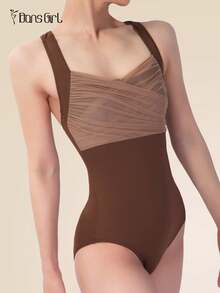 DonsGirl 1pc Women's Ballet Leotard - Romantic Layered Mesh Fabric And Criss-Cross Design - Ideal For Yoga, Dance Performances And Training - 咖啡棕 - 查看 9