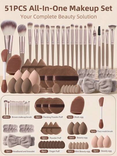 51 piezas Juego de maquillaje completo con brochas, esponja de belleza, cepillo de limpieza, diadema y muñequera