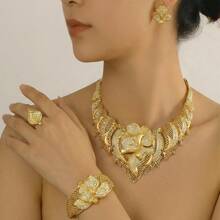 夏季西部风情黄金首饰四件套时尚18K镀金首饰套装，迪拜非洲风情项链耳环戒指婚礼新娘首饰套装，女士 - 項鍊+戒指+手鐲+耳環 - 查看 10