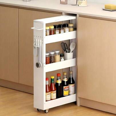 4 Tier Slim Rolling Storage Cart – Narrow Utility Cart With Handle & Wheels, Space Saving Carbon Steel Organizer For Small Places, Kitchen Bathroom With 3 Hooks