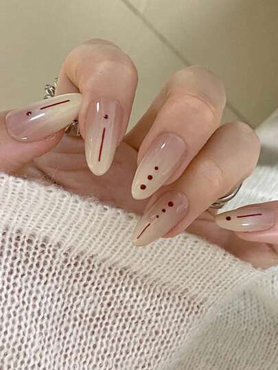 24pcs Glossy Almond-Shaped Minimalist Cream Ombre Round Dot Reusable Press-On False Nails, Includes 1pc Jelly Glue And 1pc Shaping Tool. Removable And Reusable, No Need For Salon, Easy Home Application, Can Be Used Repeatedly.