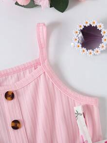 3pcs Young Girls' Fashion Solid Color Ribbed Floral Print Camisole & Pants Set - Hot Pink - View 6