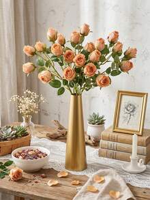 Rosa künstliche Rosen, künstliche getrocknete Rosen, Heimdekoration künstliche Rosen, 7 Stück kleine künstliche Rosen im nordischen Stil, grüne künstliche Pflanzen, bohemischer Herbst-Landhaus-Stil dekorativer Rosenstrauß | Geeignet für saisonale Heimdekoration, Wohnzimmer, Esszimmerdekoration, Hochzeitsdekoration - Herbstorange - Übersicht 1