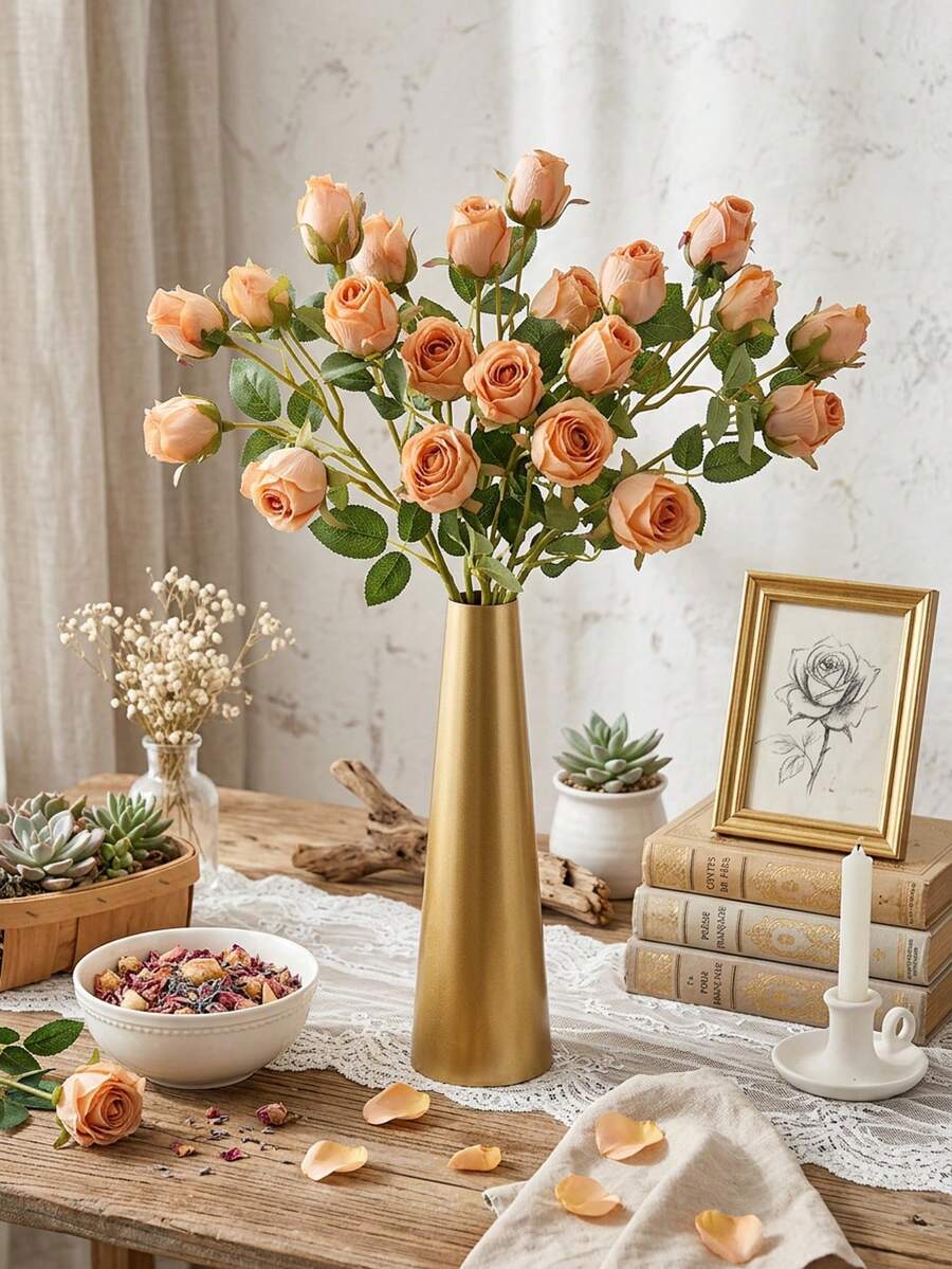 Rosa künstliche Rosen, künstliche getrocknete Rosen, Heimdekoration künstliche Rosen, 7 Stück kleine künstliche Rosen im nordischen Stil, grüne künstliche Pflanzen, bohemischer Herbst-Landhaus-Stil dekorativer Rosenstrauß | Geeignet für saisonale Heimdekoration, Wohnzimmer, Esszimmerdekoration, Hochzeitsdekoration - Herbstorange - Übersicht 1