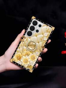 1个金色花朵菱形网格图案长方形时尚防震手机壳，带水钻镜面指环支架，兼容三星Galaxy S26 Ultra/S26/S26 Plus/S25FE/S25 Ultra/S25+/S25/S24 Plus/S24/S24U/S23 Ultra/S22 Ultra/A56 5G/A36/A17/A57 5G/A37 5G/A16和苹果17 Pro Max/17 Pro Max/16 Pro Max/15 Pro Max/14 Plus/15 Plus/14 Pro Max/13 Pro Max等型号。[国际版，非国内版] - 金色+指環支架 - 查看 7