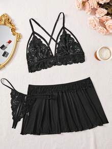 Conjunto de lencería sexy de 3 piezas para mujer de talla grande, incluye camiseta, sujetador y bragas - Negro - Ver 4