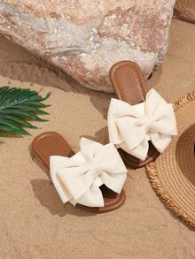 1 par de sandalias de playa para niñas de color beige, con un gran lazo y un diseño tejido, de material suave de PU con puntera redonda y suela plana, cómodas y tipo romano, adecuadas para niñas de 3 a 15 años para uso diario casual y vacaciones de verano, nuevo lanzamiento - Beis - Ver 6