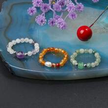 Bộ 3 chiếc nhẫn phong cách Bohemian làm từ đá thạch anh tím tự nhiên, mã não xanh và ngọc trai nước ngọt, được làm thủ công bằng chất liệu co giãn, có thể đeo chồng lên nhau và rất đa năng. - Nhiều màu - Xem 4