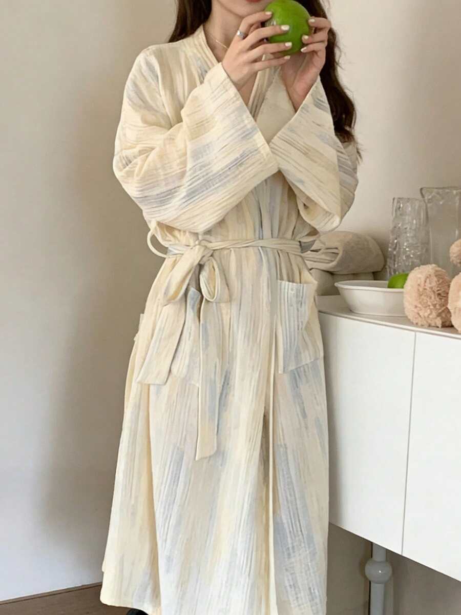 日式宽松扎染条纹浴袍，女士春秋季休闲宽松睡衣/家居服 - 彩色 - 查看 1