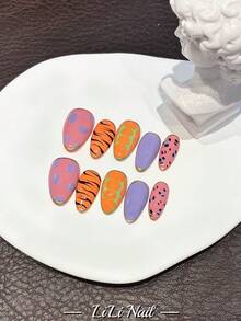 10片手工亚克力美甲贴片，美甲用品，杏仁形美甲，短款美甲贴片，红色美甲，价格实惠，可爱美甲，粉末美甲，豹纹美甲，秋季美甲贴片，派对美甲，金线美甲，鳄鱼纹美甲，手绘美甲套装，亚克力美甲套装，美甲配件 - 彩色 - 查看 4