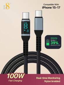 D8 USB C To USB C Cable 1.2M Nylon Braided 100W 5A PD Fast Charging Cable With LED Digital Display Power Meter, Type C Charger Cord Compatible With IPhone 15/15Plus/15Pro/15ProMax, Compatible With Iphone 16/16Plus/16Pro/16ProMax, Compatible With Iphone 17 Series, Air 2023/Pro 2023, Pro 2023, Air 5/4, Mini 6, Galaxy 9/8/7/6/6a/5/4/4XL/3/3XL/2/2XL, 1+, Mi, Hua Wei, Switch, Laptop - Multicolor - View 2