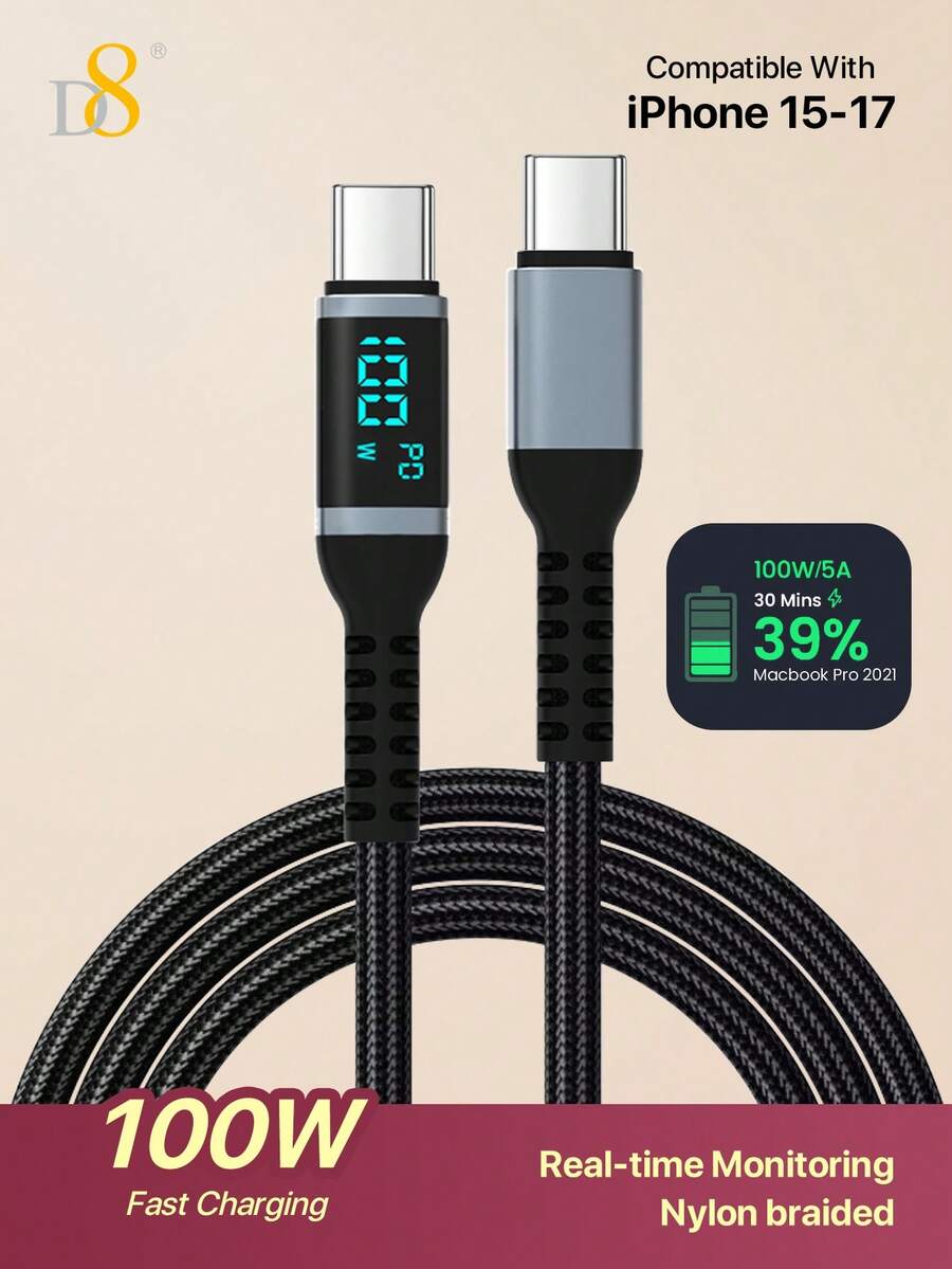D8 USB C To USB C Cable 1.2M Nylon Braided 100W 5A PD Fast Charging Cable With LED Digital Display Power Meter, Type C Charger Cord Compatible With IPhone 15/15Plus/15Pro/15ProMax, Compatible With Iphone 16/16Plus/16Pro/16ProMax, Compatible With Iphone 17 Series, Air 2023/Pro 2023, Pro 2023, Air 5/4, Mini 6, Galaxy 9/8/7/6/6a/5/4/4XL/3/3XL/2/2XL, 1+, Mi, Hua Wei, Switch, Laptop