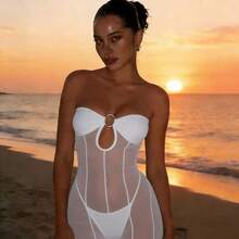 透明网纱美人鱼晚礼服 - 性感镂空正式礼服，适合魅力四射的夜生活，白色优雅款 - 白色 - 查看 9