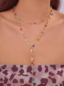 1pc Fashionable Personalized Random Color Zirconia Oval Metal Chain Y-Necklace, Ladies' Fashion Metal Necklace, Suitable For Travel, Date, Party. (Random Style) - Golden - View 2