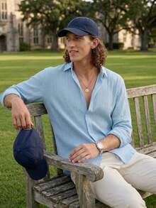 glestore Men's Retro "Old Money" Casual Solid Color Long Sleeve Shirt, With Minimalist Textured Striped Pattern, Suitable For Work, Travel And Leisure - Baby Blue - View 5