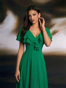 Smilprince 长款绿色伴娘礼服，V领，荷叶边袖，梭织面料 - 綠色 - 查看 8