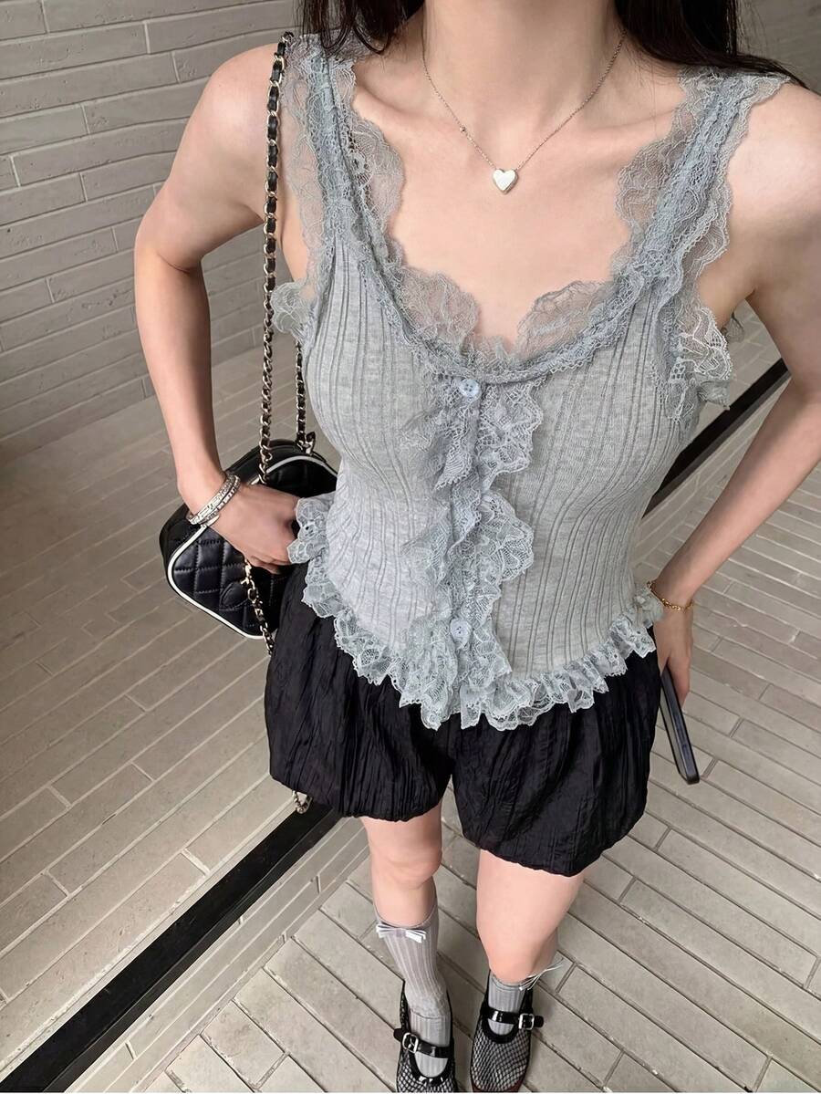 韩版灰色吊带背心,性感简约设计,蕾丝边无袖露脐上衣,女士针织打底衫,春夏休闲性感短款背心 - 灰色 - 查看 1