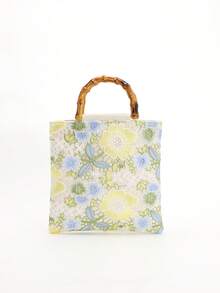 Fashionable Colorful Sequin Contrast Mesh Embroidered Jacquard Elegant Lady Bamboo Handle Tote Bag, Linen Handbag For Party & Holiday, Floral Pattern Randomly Sent - Green - View 5
