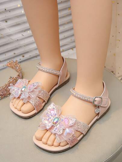 Giày sandal hở mũi đính đá hình bướm lấp lánh cho bé gái - Giày công chúa đế bằng quai ngang mắt cá chân, phù hợp cho trẻ sơ sinh, trẻ nhỏ, dự đám cưới, tiệc tùng, biểu diễn.